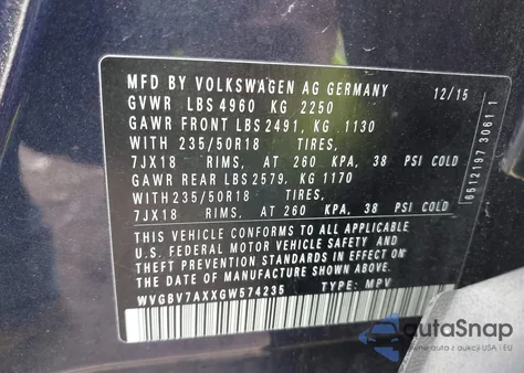 2016 Volkswagen Tiguan S/Se/Sel/R-Line from USA, damaged, VIN WVGBV7AXXGW574235